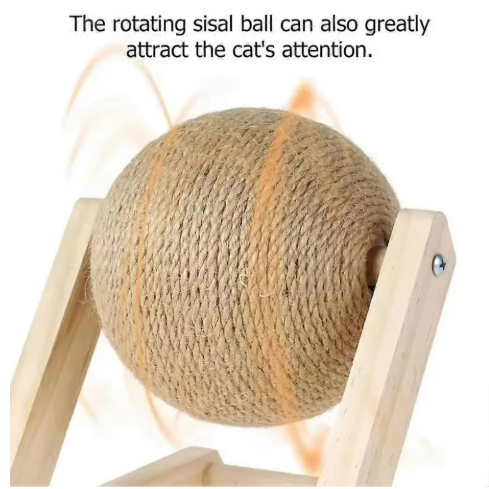 Rotating sisal ball on a wooden stand with text about attracting a cat's attention.