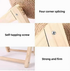 Wooden stool with text highlighting four corner splicing, self-tapping screw, and strong and firm construction.