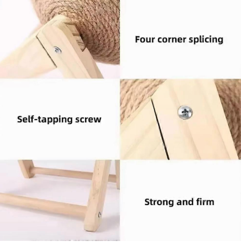 Wooden stool with text highlighting four corner splicing, self-tapping screw, and strong and firm construction.