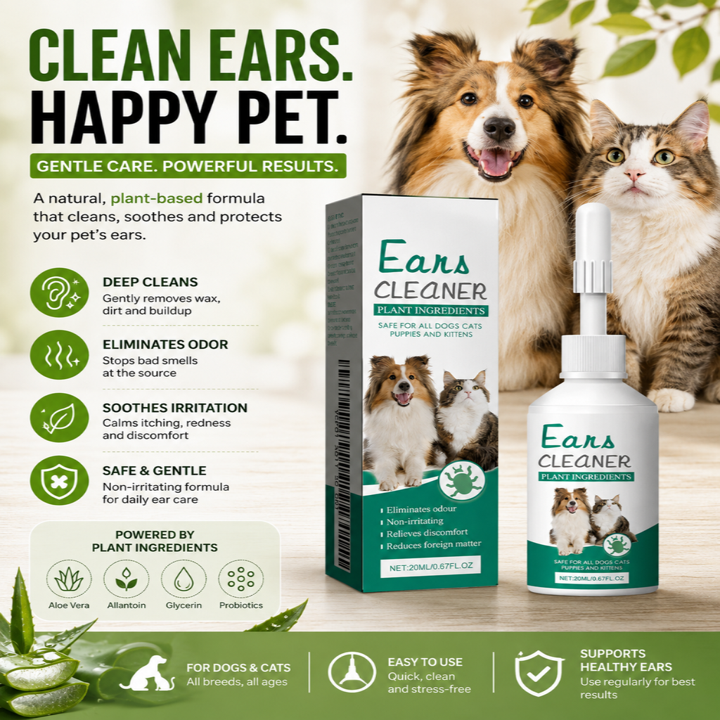 Pet ear cleaner product with packaging and a dog and cat on a wooden surface.