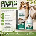 Pet ear cleaner product with packaging and a dog and cat on a wooden surface.