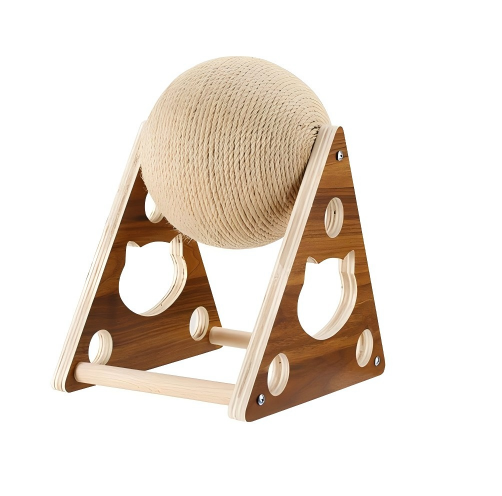 Wooden cat scratcher toy with a ball of rope on a white background